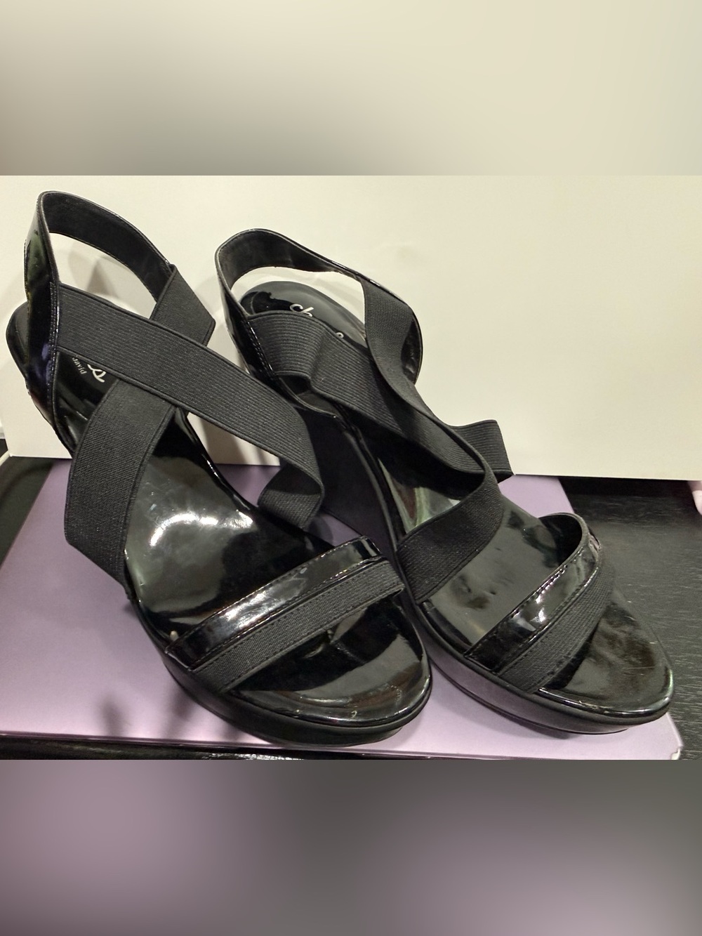Charles by Charles David Black Patent Elastic Wedge Sandals